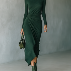 Dark green knit wrap midi dress for women by Christine Brewer, shown on a model, featuring a stylish and comfortable design.