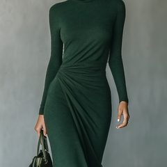 Dark green knit wrap midi dress for women, featuring long sleeves and a feminine silhouette, by Christine Brewer.