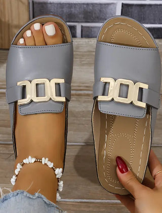 Grey Kathryn Comfy Buckle Sandals for women by Christine Brewer, featuring orthopedic comfort and stylish design.