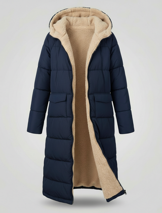 Christine Brewer Iris long puffer jacket for women in blue and navy, featuring a quilted design and warm, stylish insulation.