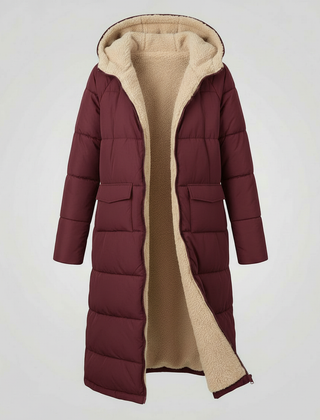 Christine Brewer Iris long burgundy puffer jacket for women, stylish and warm with a quilted design and hood.