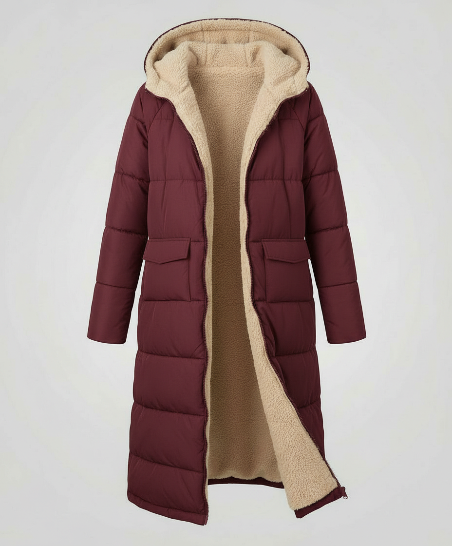 Christine Brewer Iris long burgundy puffer jacket for women, stylish and warm with a quilted design and hood.