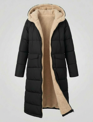 Long puffer jacket for women by Christine Brewer, featuring a floral button design and a stylish, insulated outerwear look.