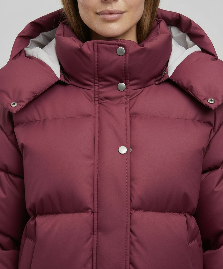 Pink Christine Brewer Josephine cozy puffer jacket for women, showcasing its quilted design and stylish collar.