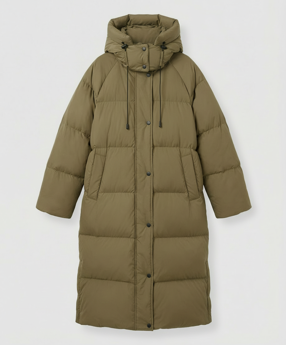 Long puffer jacket for women by Christine Brewer, featuring a stylish, insulated design ideal for cold weather.