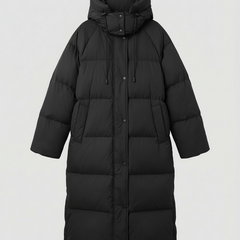 Long puffer jacket for women by Christine Brewer, featuring a stylish, insulated design perfect for cold weather.