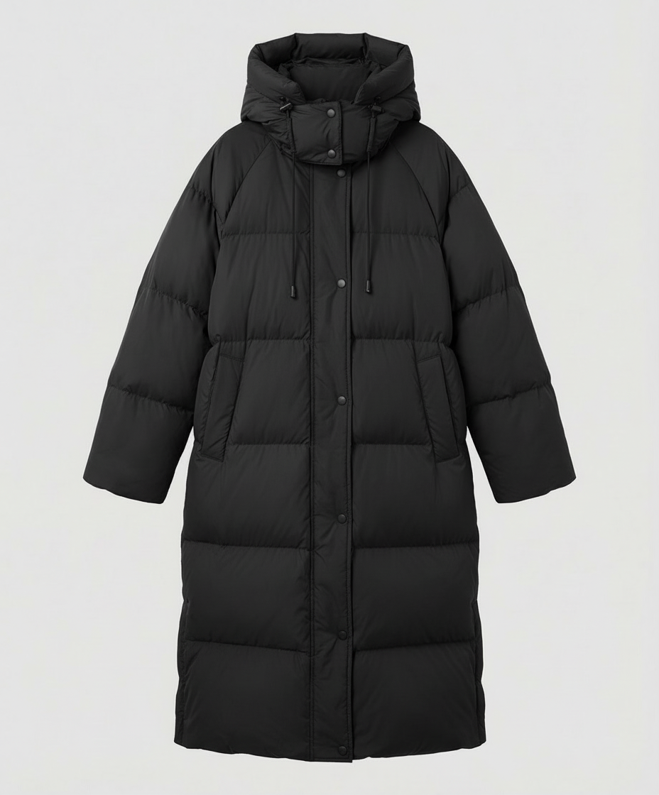 Long puffer jacket for women by Christine Brewer, featuring a stylish, insulated design perfect for cold weather.