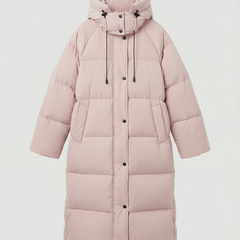 Long puffer jacket for women by Christine Brewer, featuring a sleek design and quilted insulation, ideal for cold weather.