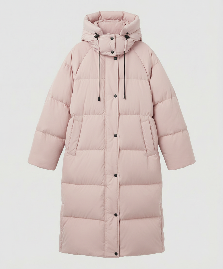 Long puffer jacket for women by Christine Brewer, featuring a sleek design and quilted insulation, ideal for cold weather.