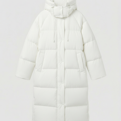 Long puffer jacket for women by Christine Brewer, featuring a stylish, insulated design perfect for cold weather.
