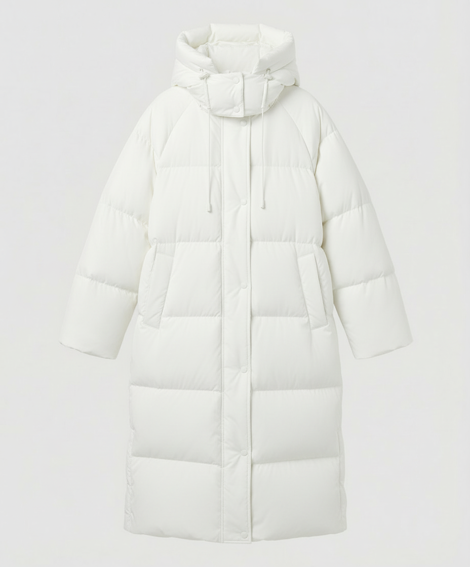 Long puffer jacket for women by Christine Brewer, featuring a stylish, insulated design perfect for cold weather.