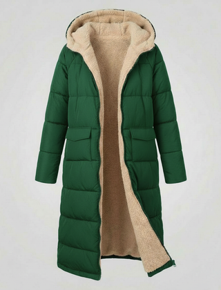 Christine Brewer Iris long green puffer jacket for women, displayed on a mannequin, featuring a stylish winter coat design.