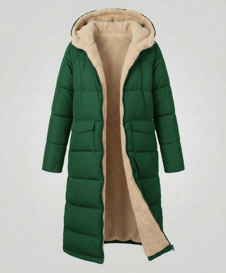 Christine Brewer Iris long green puffer jacket for women, displayed on a mannequin, featuring a stylish winter coat design.