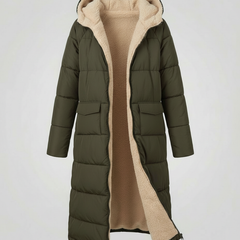 Olive green long puffer jacket for women by Christine Brewer, stylish and warm, featuring a quilted design and high collar.