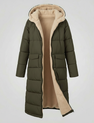 Olive green long puffer jacket for women by Christine Brewer, stylish and warm, featuring a quilted design and high collar.