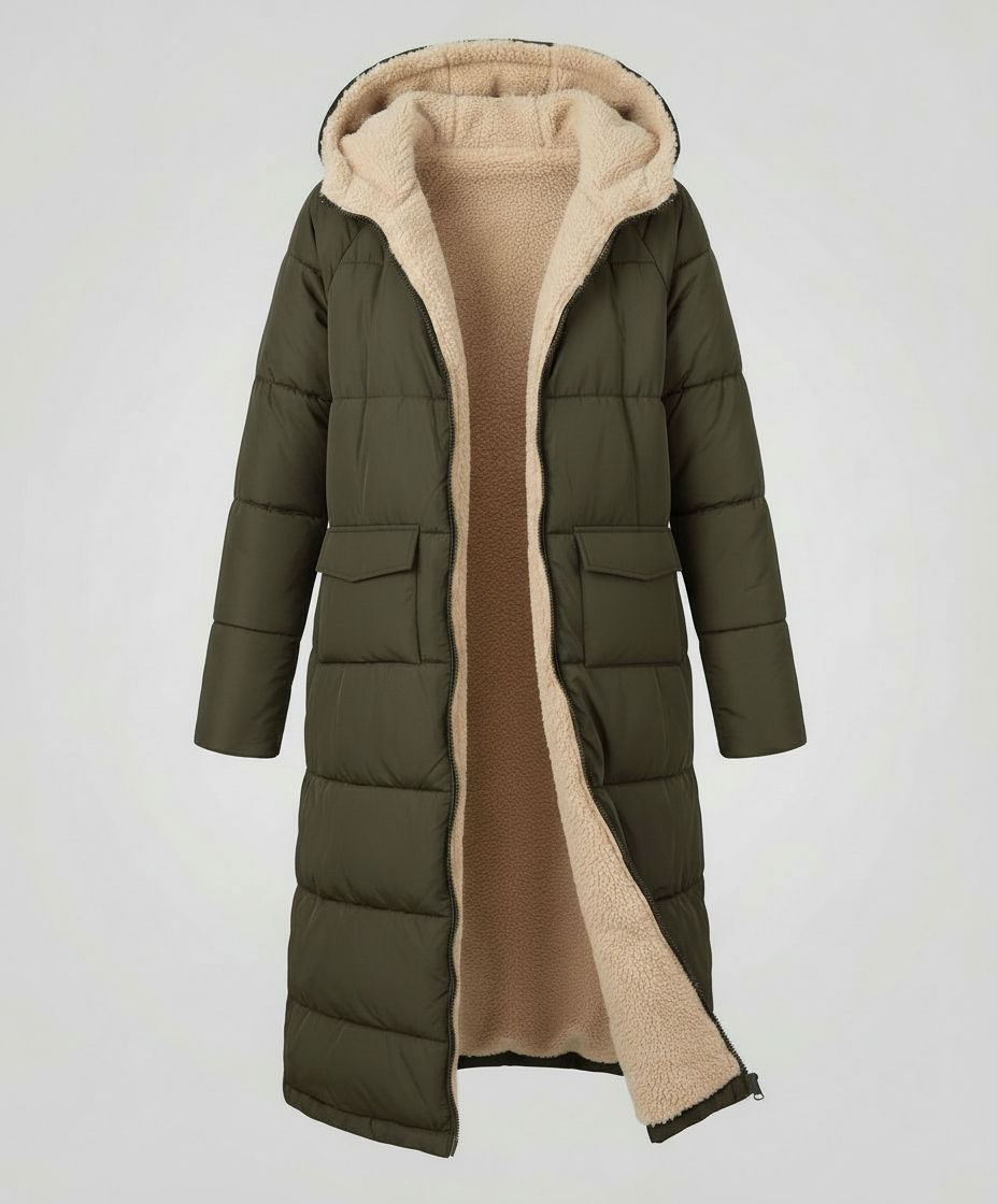 Olive green long puffer jacket for women by Christine Brewer, stylish and warm, featuring a quilted design and high collar.