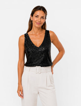 Women's sequin V-neck top by Christine Brewer, stylish party and evening wear shirt with shimmering sequins and a flattering V-neck.