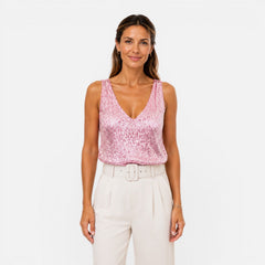 Women's sequin V-neck top by Christine Brewer, stylish evening wear shirt with shimmering sequins and elegant design.