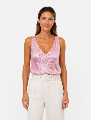 Women's sequin V-neck top by Christine Brewer, stylish evening wear shirt with shimmering sequins and elegant design.
