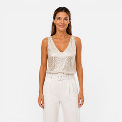 Women's sequin V-neck top by Christine Brewer, stylish party and evening wear shirt with shimmering sequin details.
