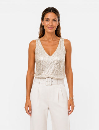 Women's sequin V-neck top by Christine Brewer, stylish party and evening wear shirt with shimmering sequin details.