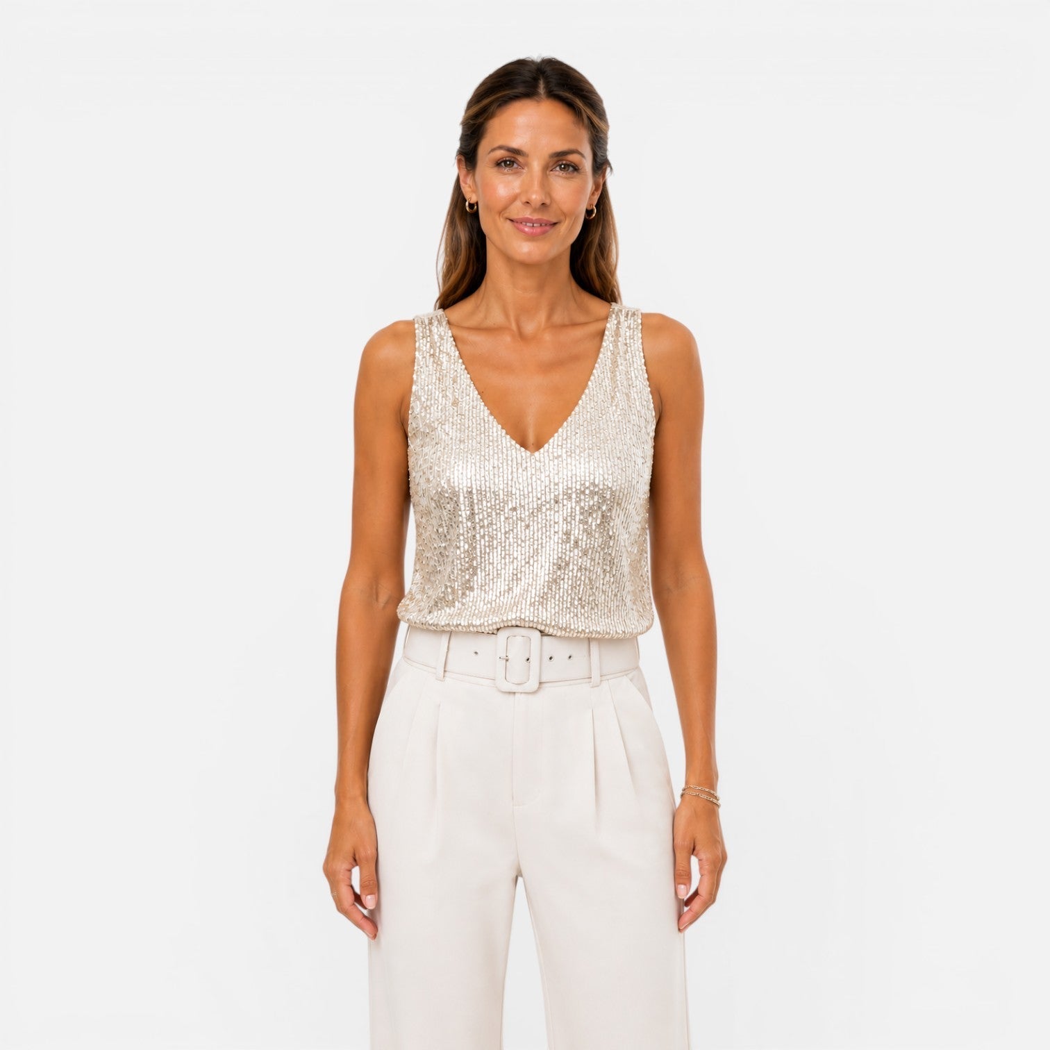 Women's sequin V-neck top by Christine Brewer, stylish party and evening wear shirt with shimmering sequin details.