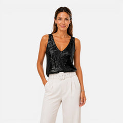 Women's sequin V-neck top by Christine Brewer, stylish party and evening wear shirt with shimmering sequins and a V-neck design.