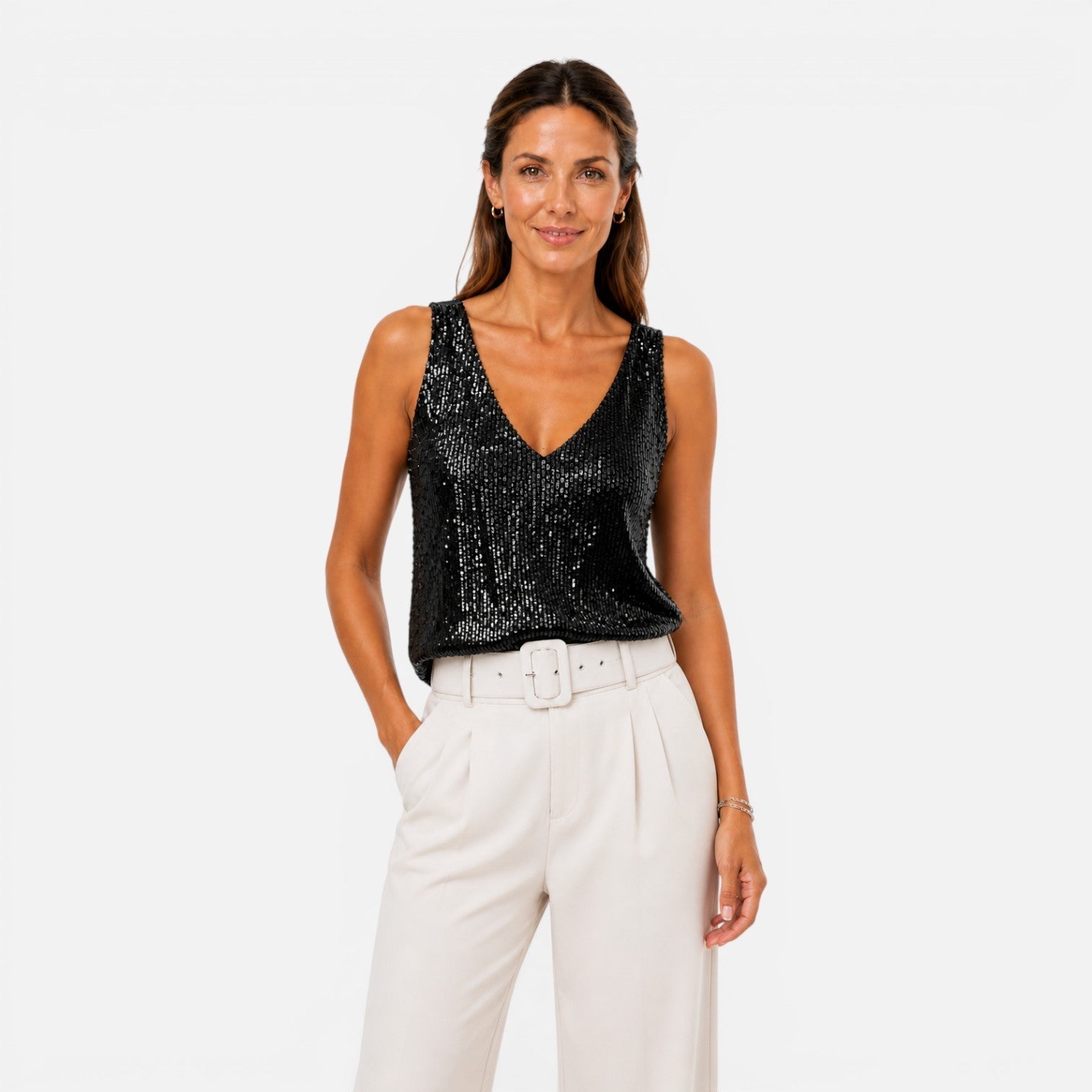 Women's sequin V-neck top by Christine Brewer, stylish party and evening wear shirt with shimmering sequins and a V-neck design.