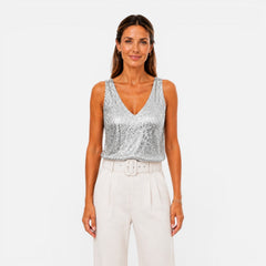 Women's sequin V-neck top by Christine Brewer featuring shiny sequins and a stylish fit, perfect for party and evening wear.