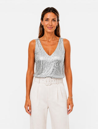 Women's sequin V-neck top by Christine Brewer featuring shiny sequins and a stylish fit, perfect for party and evening wear.