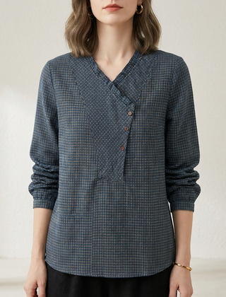 Front view of Christine Brewer women's summer blouse with geometric pattern and long sleeves, made of lightweight fabric.