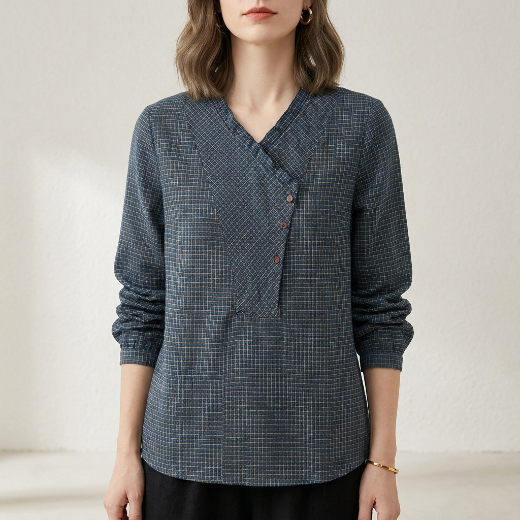 Front view of Christine Brewer women's summer blouse with geometric pattern and long sleeves, made of lightweight fabric.