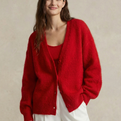 Cream-colored oversized cashmere cardigan for women by Christine Brewer, featuring a relaxed fit and soft texture.