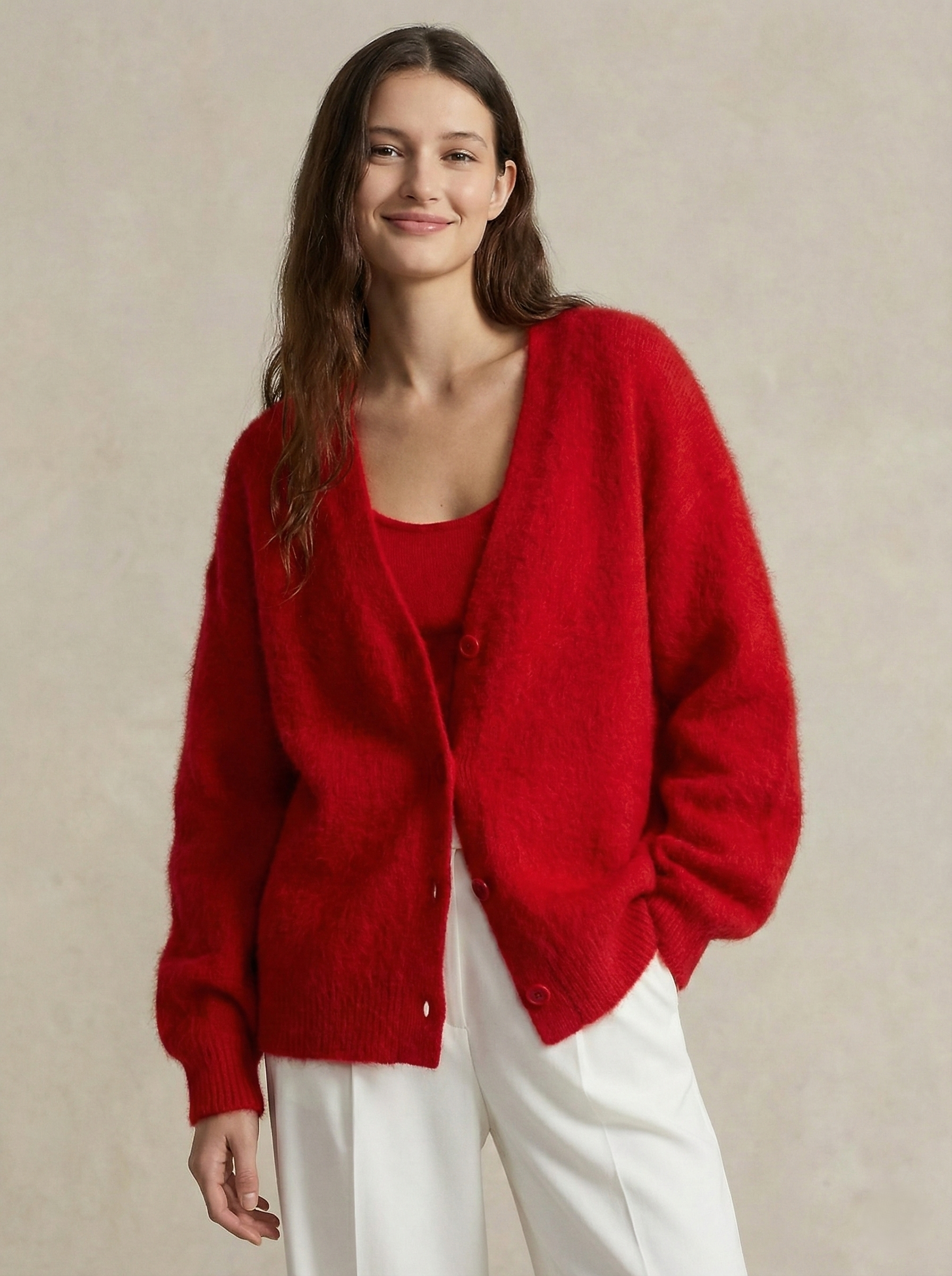 Cream-colored oversized cashmere cardigan for women by Christine Brewer, featuring a relaxed fit and soft texture.