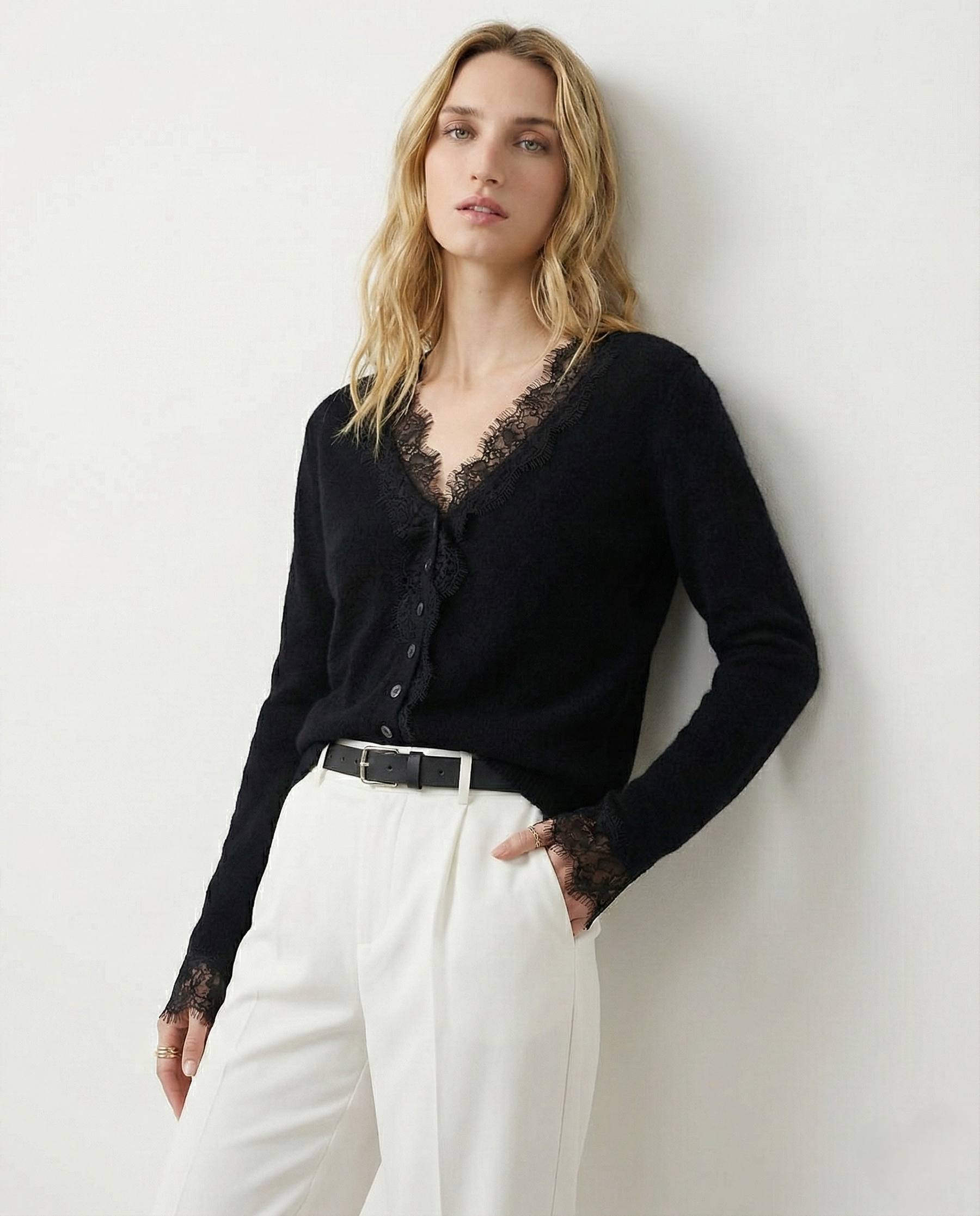Elsa cashmere cardigan for women by Christine Brewer, soft beige knit with open front and long sleeves, cozy and stylish.