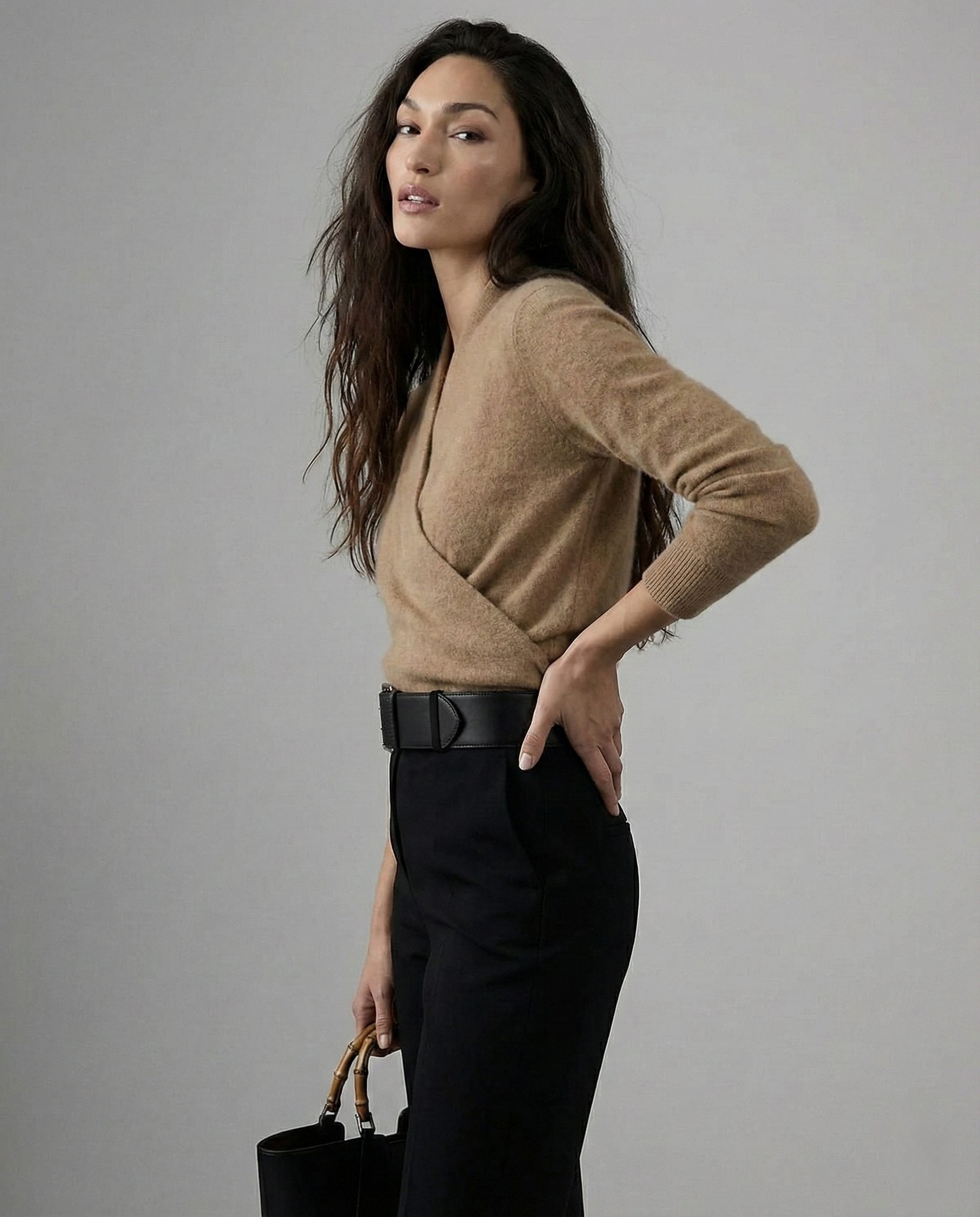 Light beige Christine Brewer Dawn cashmere sweater for women, featuring a soft, cozy knit and classic crew neckline.