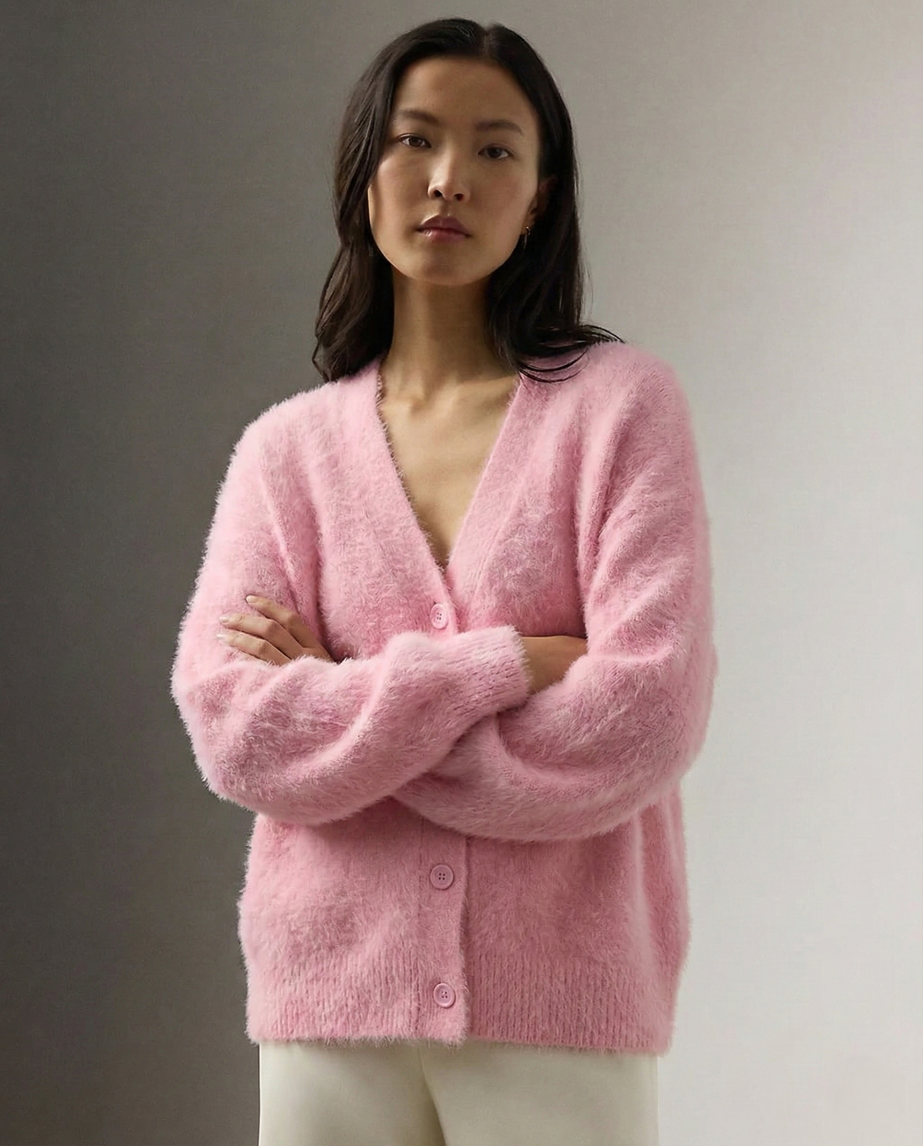 Grey oversized cashmere cardigan for women by Christine Brewer, featuring a relaxed fit and cozy knit texture.