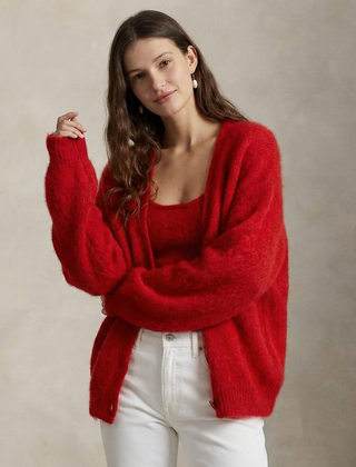 Oversized cashmere cardigan named Colleen by Christine Brewer, shown in soft, cozy knit with a relaxed fit and open front design.