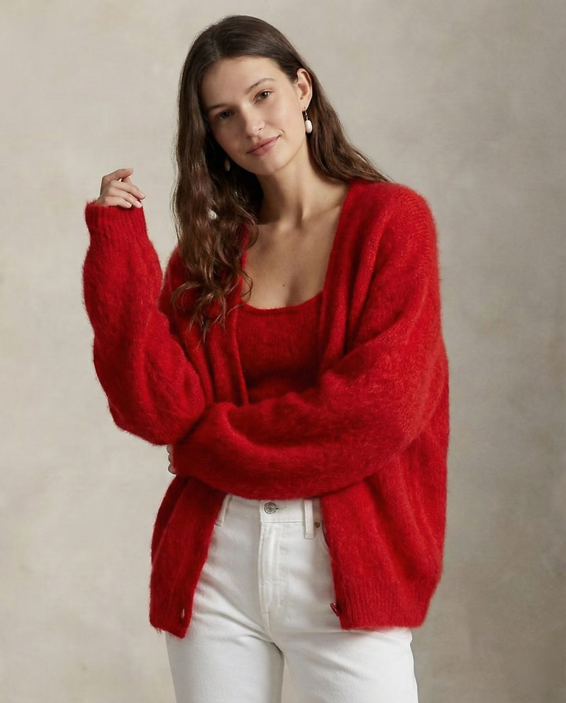 Oversized cashmere cardigan named Colleen by Christine Brewer, shown in soft, cozy knit with a relaxed fit and open front design.