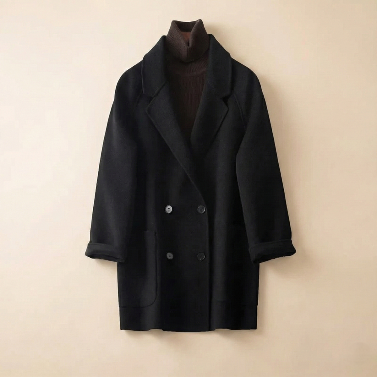 Brown double-breasted wool coat for women by Christine Brewer, featuring classic style and tailored fit.