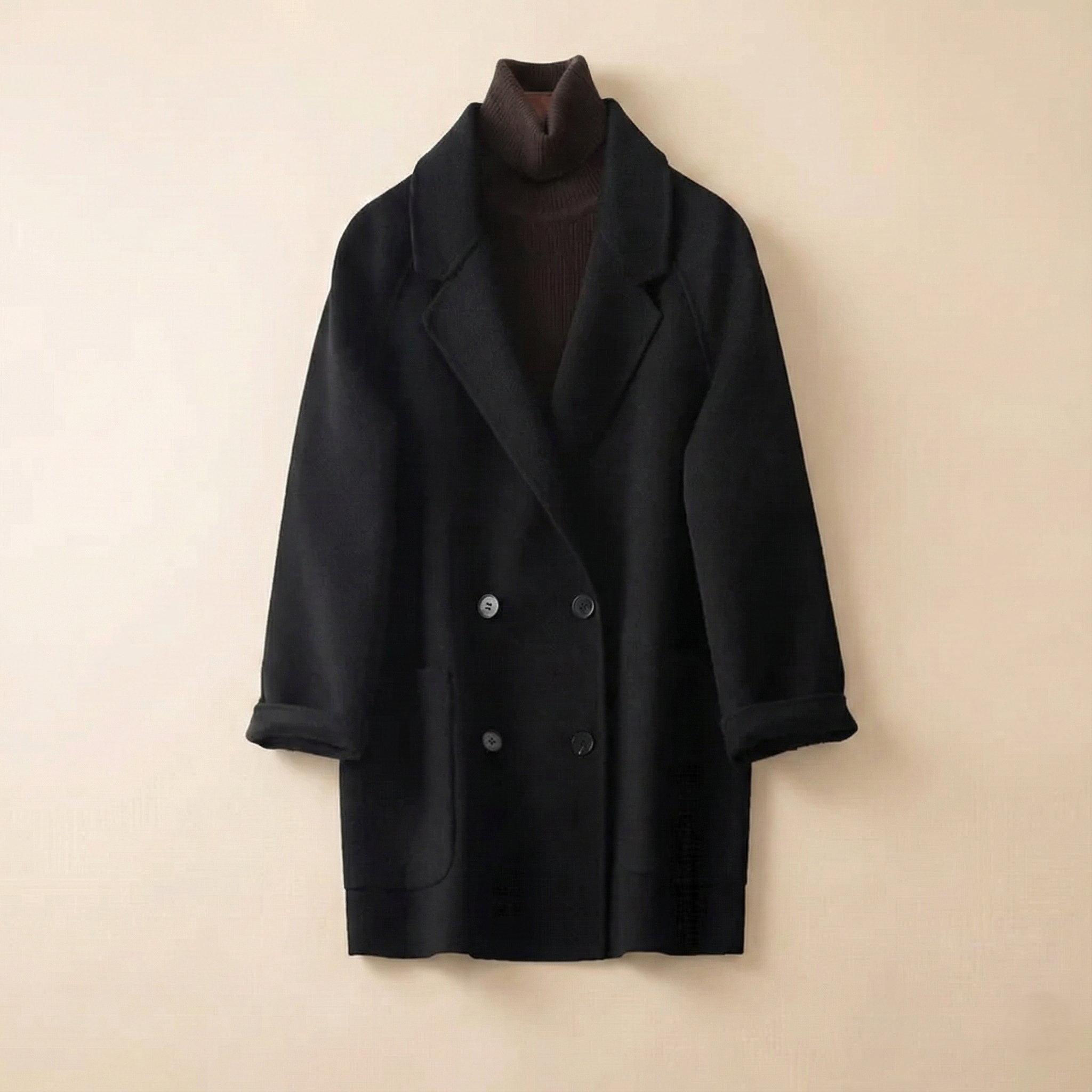 Brown double-breasted wool coat for women by Christine Brewer, featuring classic style and tailored fit.