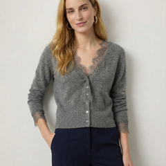 Elsa cashmere cardigan for women by Christine Brewer, shown in a cozy, soft knit with a relaxed fit and button-front design.