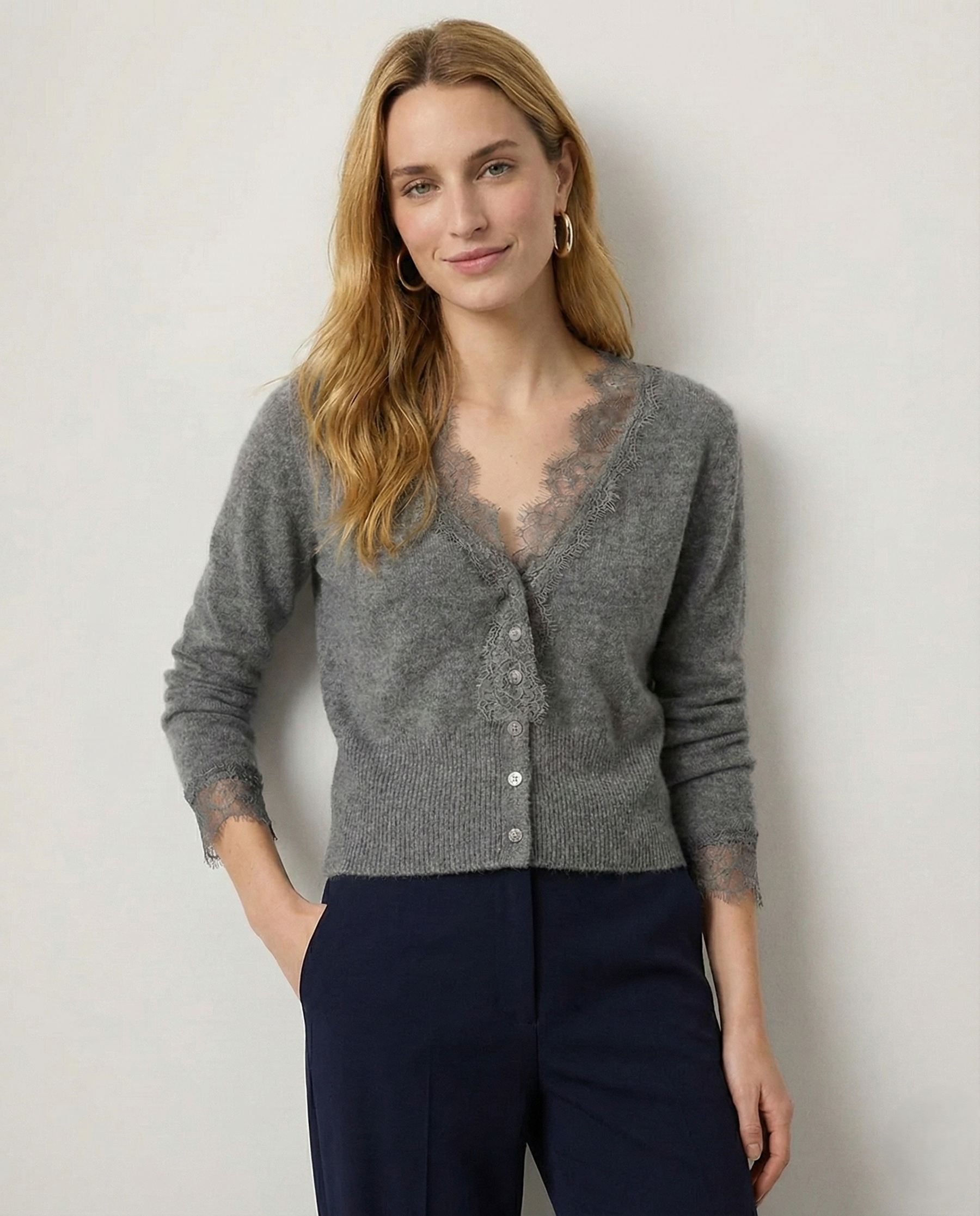 Elsa cashmere cardigan for women by Christine Brewer, shown in a cozy, soft knit with a relaxed fit and button-front design.
