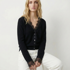 Elsa cashmere cardigan for women by Christine Brewer, soft beige color, featuring a cozy knit fabric and open-front design.