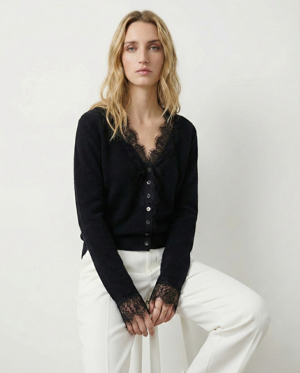 Elsa cashmere cardigan for women by Christine Brewer, soft beige color, featuring a cozy knit fabric and open-front design.