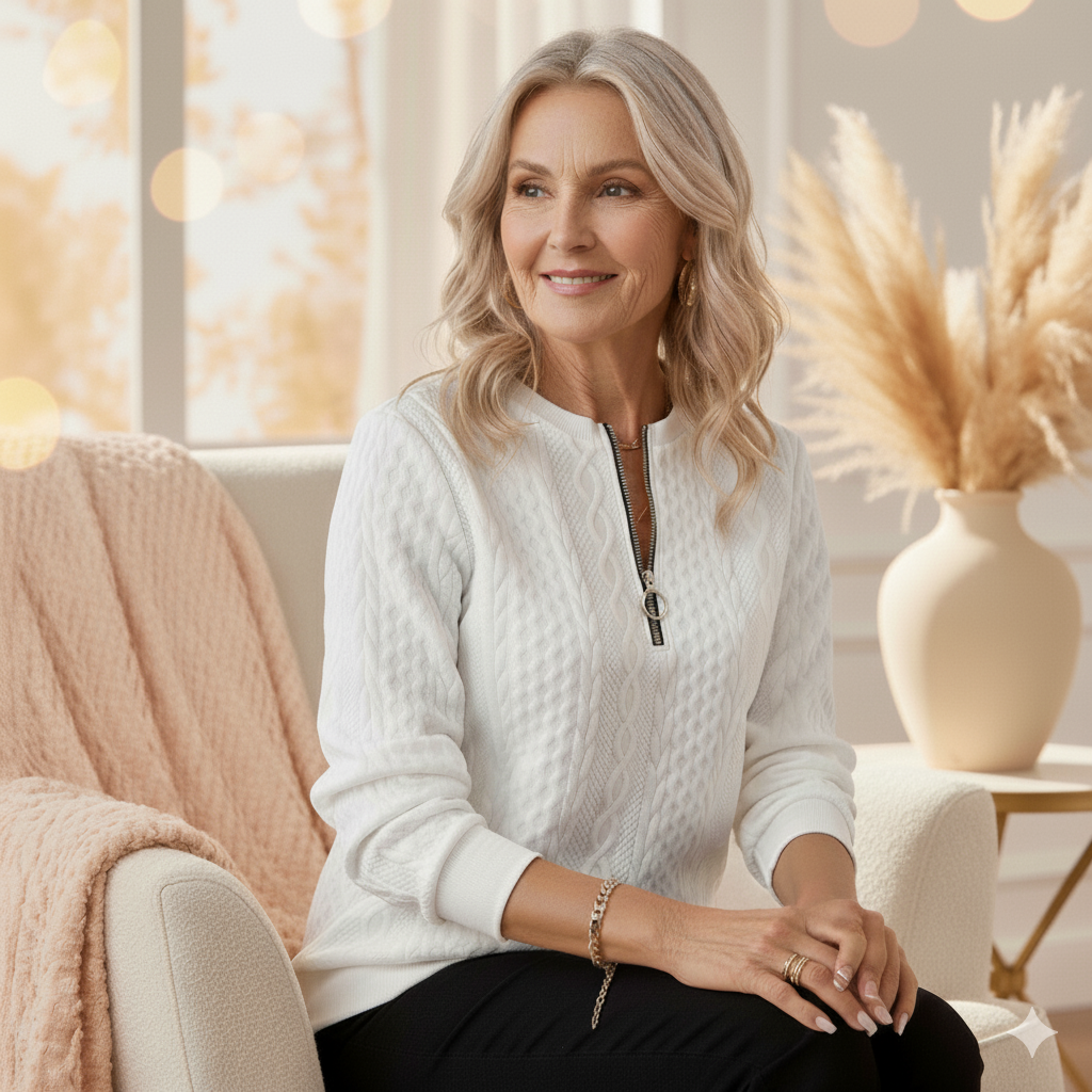 Nicole cable knit zip-up sweater for women by Christine Brewer, featuring a cozy knit texture and front zipper detail.