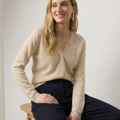 Elsa cashmere cardigan for women by Christine Brewer, soft beige knit with long sleeves and front buttons.