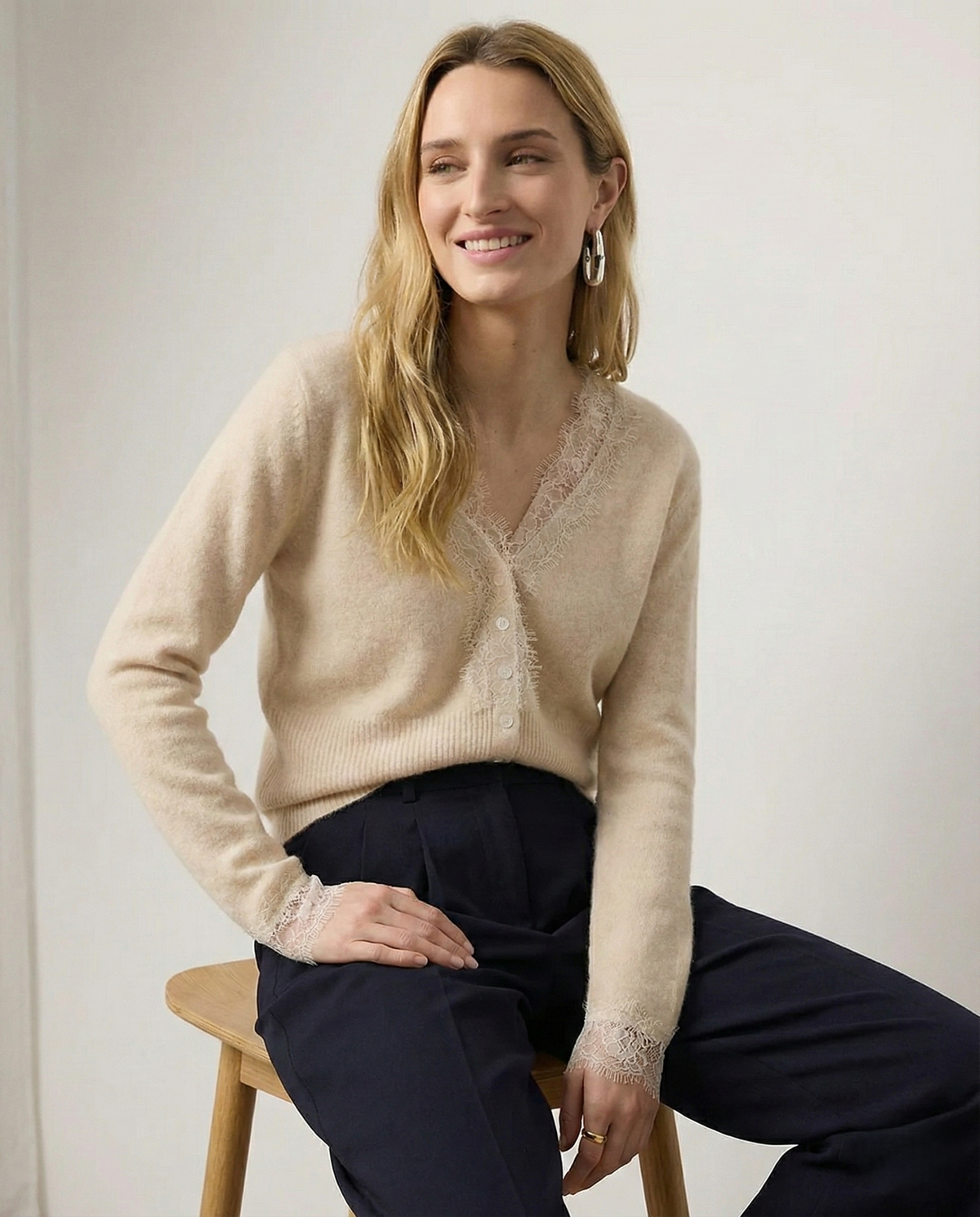 Elsa cashmere cardigan for women by Christine Brewer, soft beige knit with long sleeves and front buttons.