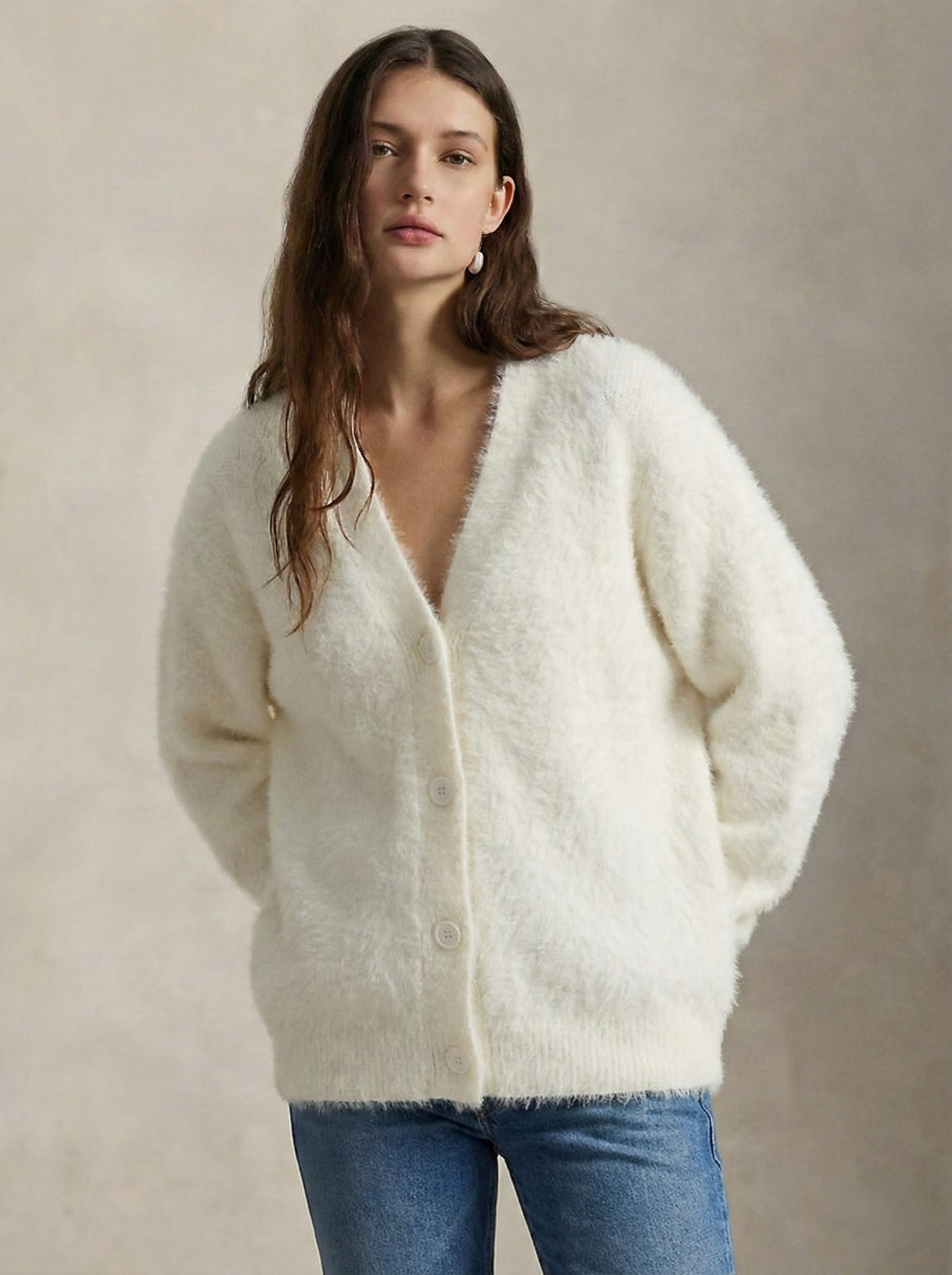 Oversized women's cashmere cardigan by Christine Brewer, featuring a cozy, draped fit in soft, luxurious fabric.