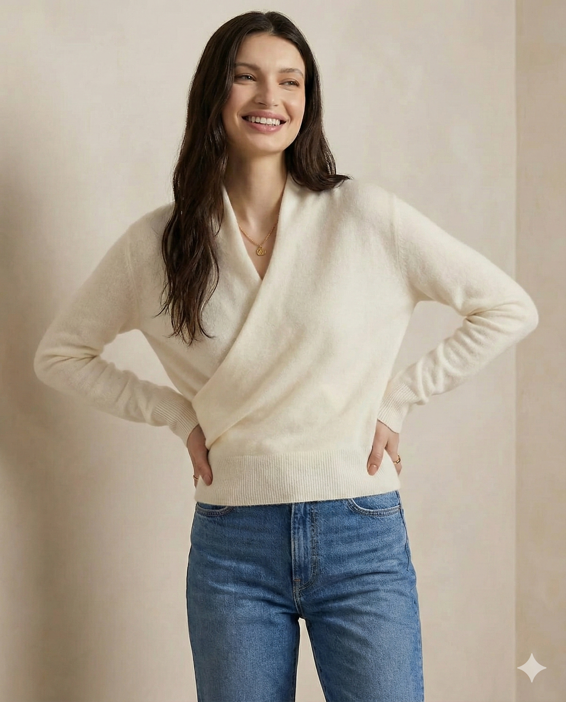 Cream-colored Dawn cashmere sweater for women by Christine Brewer, displayed on a neutral background.